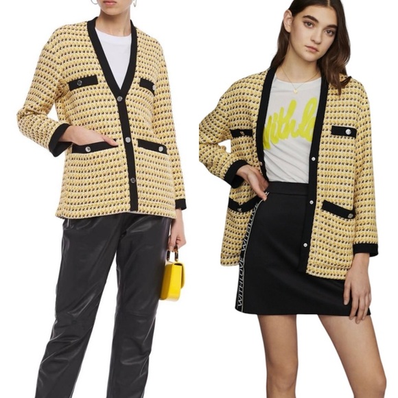 Maje Sweaters - Ma­je Visidore Tweed Cardigan Sweater Blazer Jacket Yellow Gold Black 36 S Small